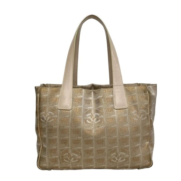 Auth CHANEL New Travel Line Tote PM Rose Gold Light gray Jacquard Leather - Picture 1 of 12